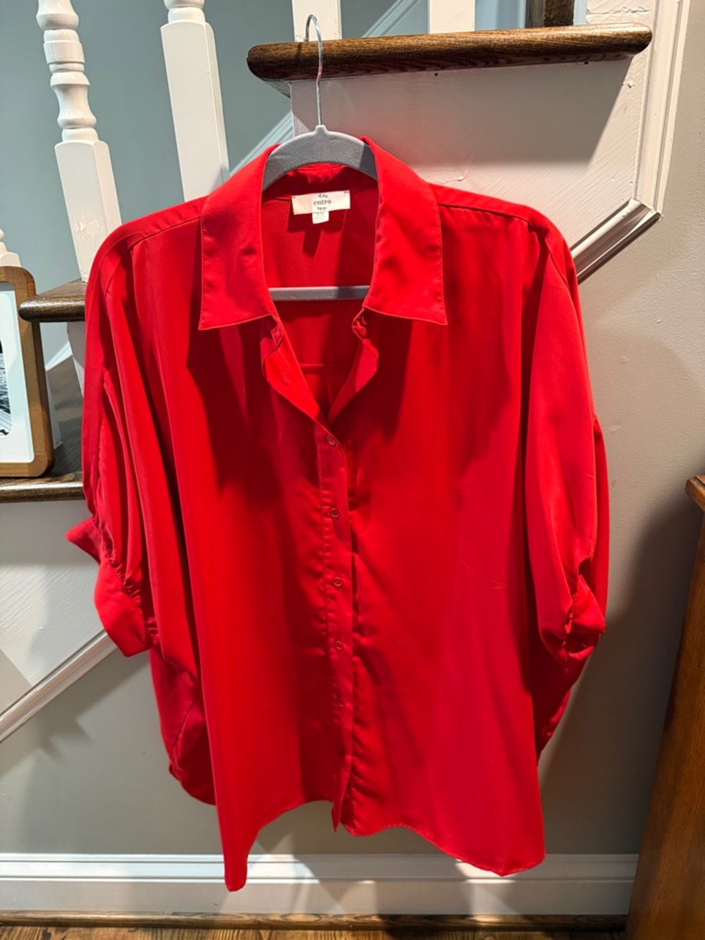 Entro Vibrant Red Button-Down Blouse with Tab Sleeves